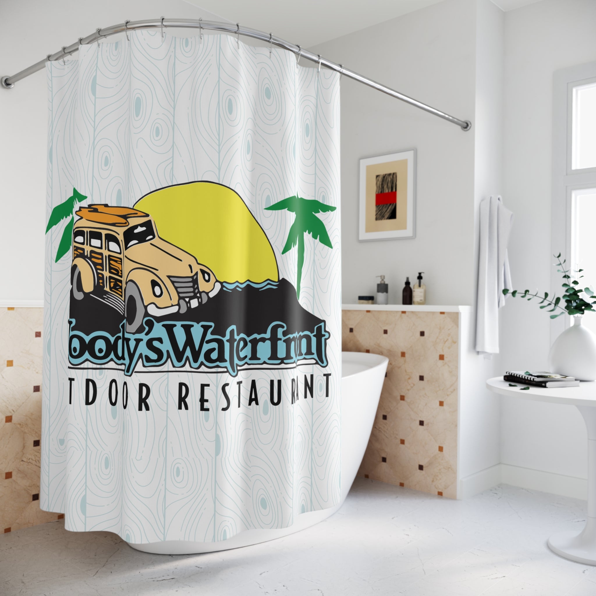 Woody's Waterfront Signature Shower Curtain