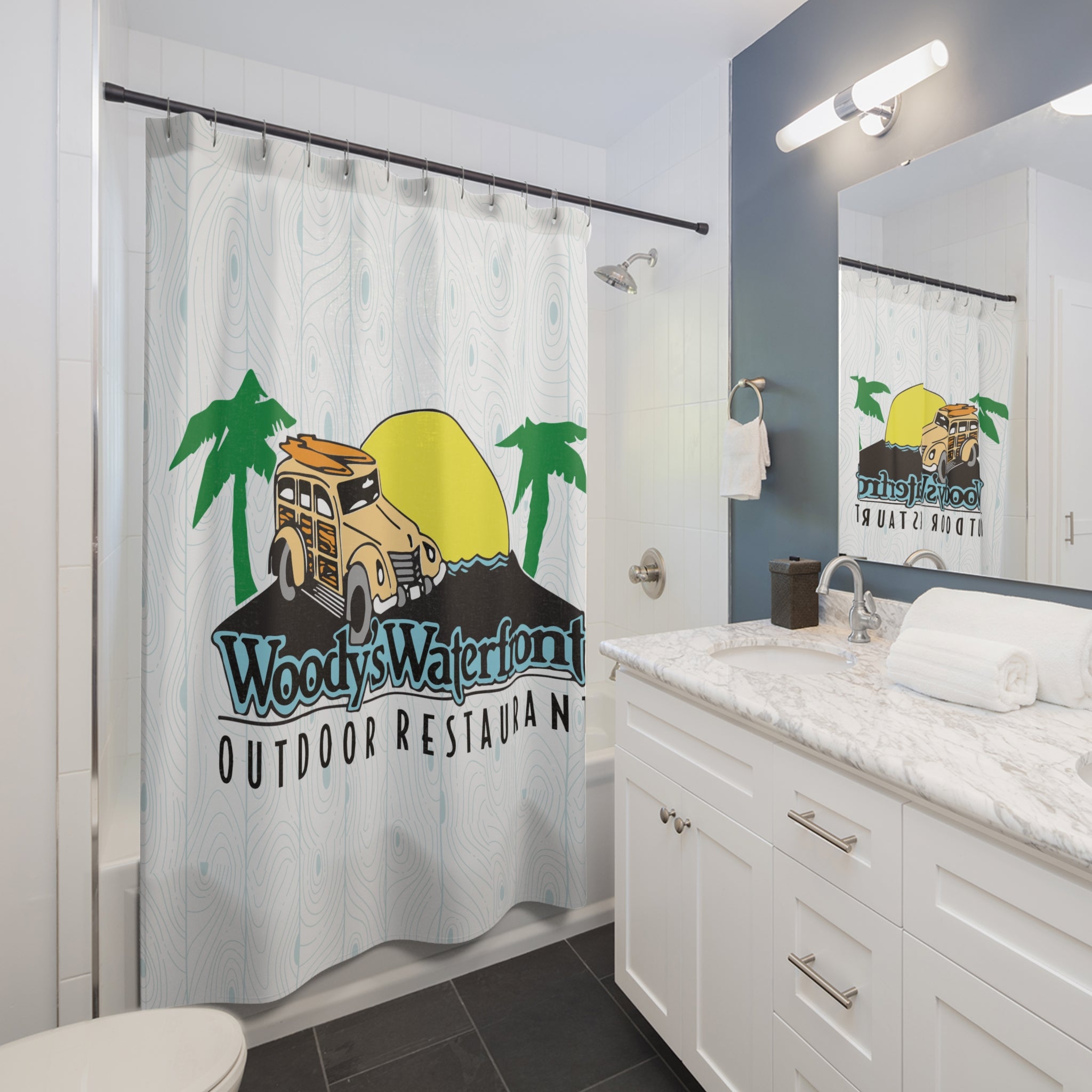 Woody's Waterfront Signature Shower Curtain